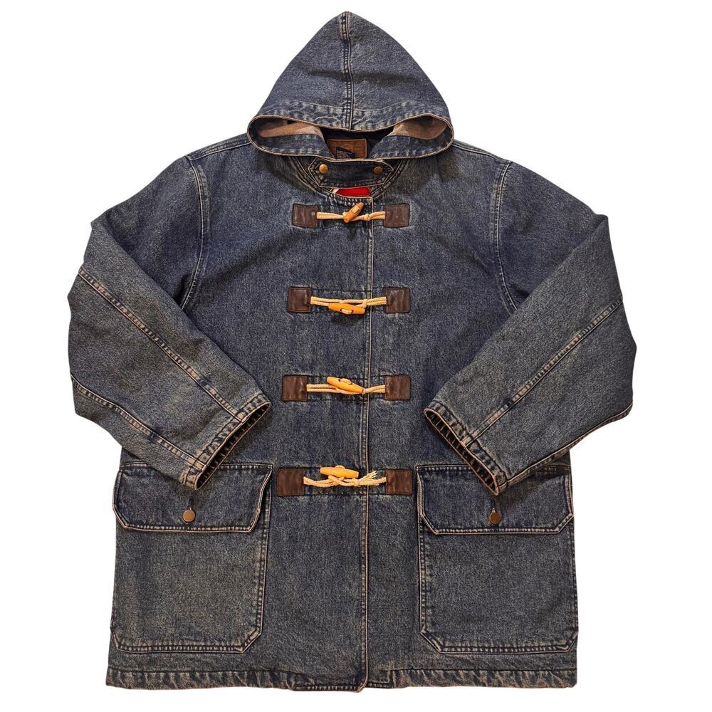 VTG Gap Mens Heavyweight Cotton Wool Lined Leather Trim Duffle Jean Jacket Coat